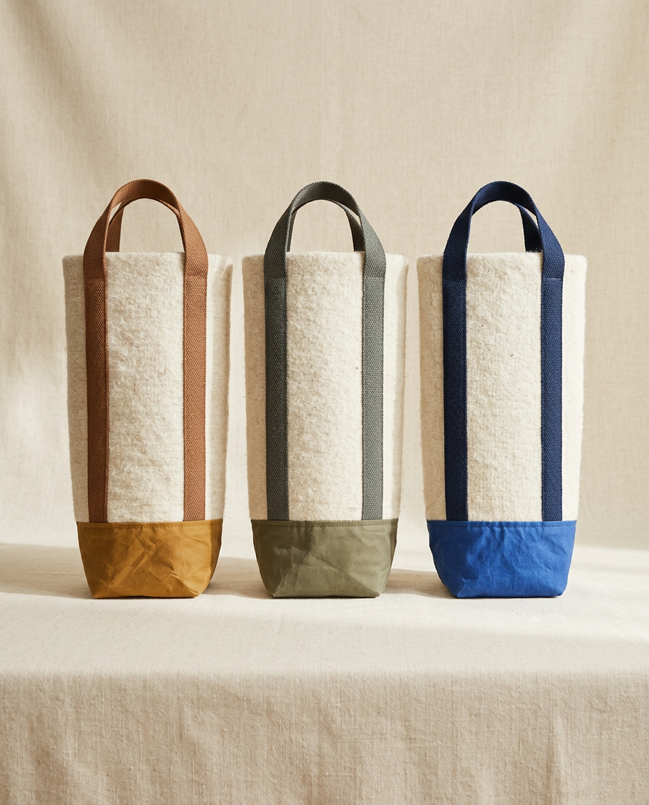 Three Fleeced felted wool bottle bags in tan, olive and blue colourways, studio shot