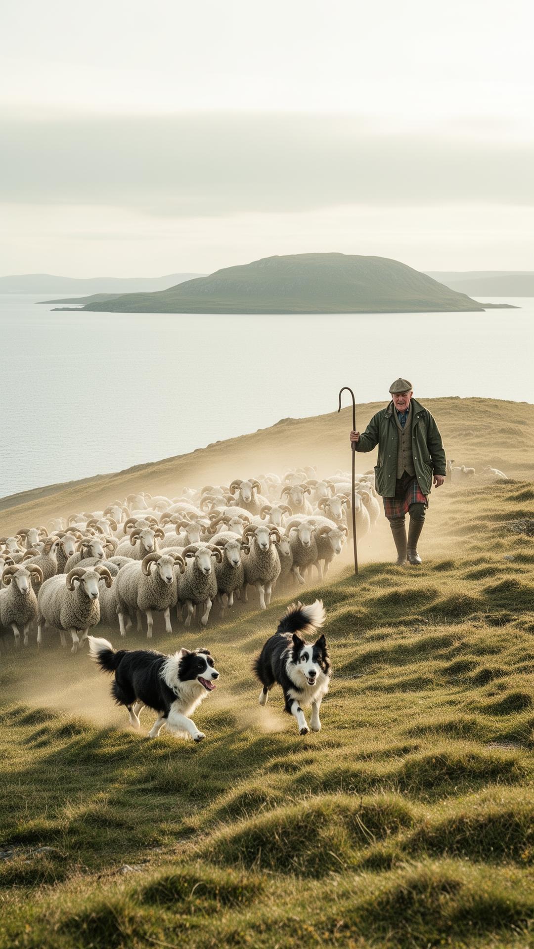 Scottish blackface sheep grazing on a misty Kintyre hillside at dawn