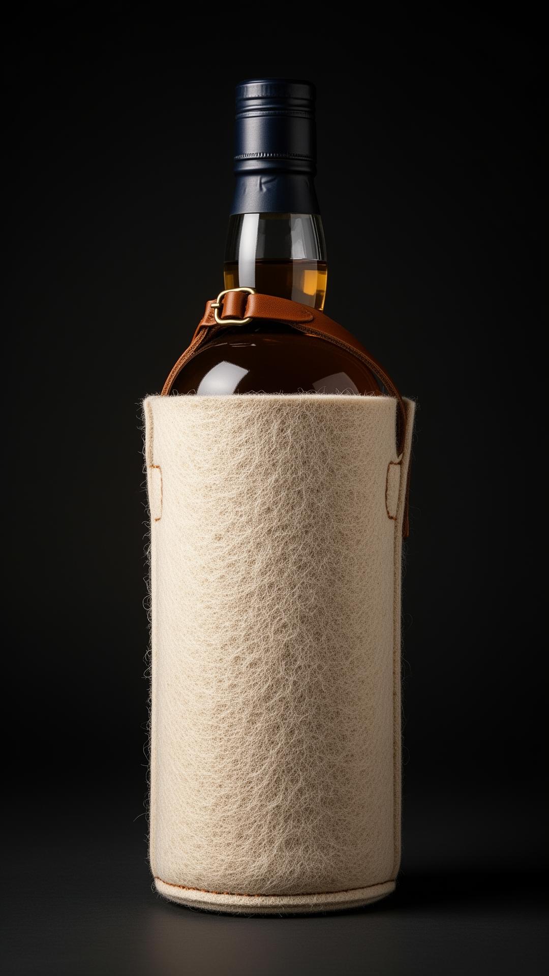 Refined wool felt bottle sleeve wrapping a Scottish whisky bottle