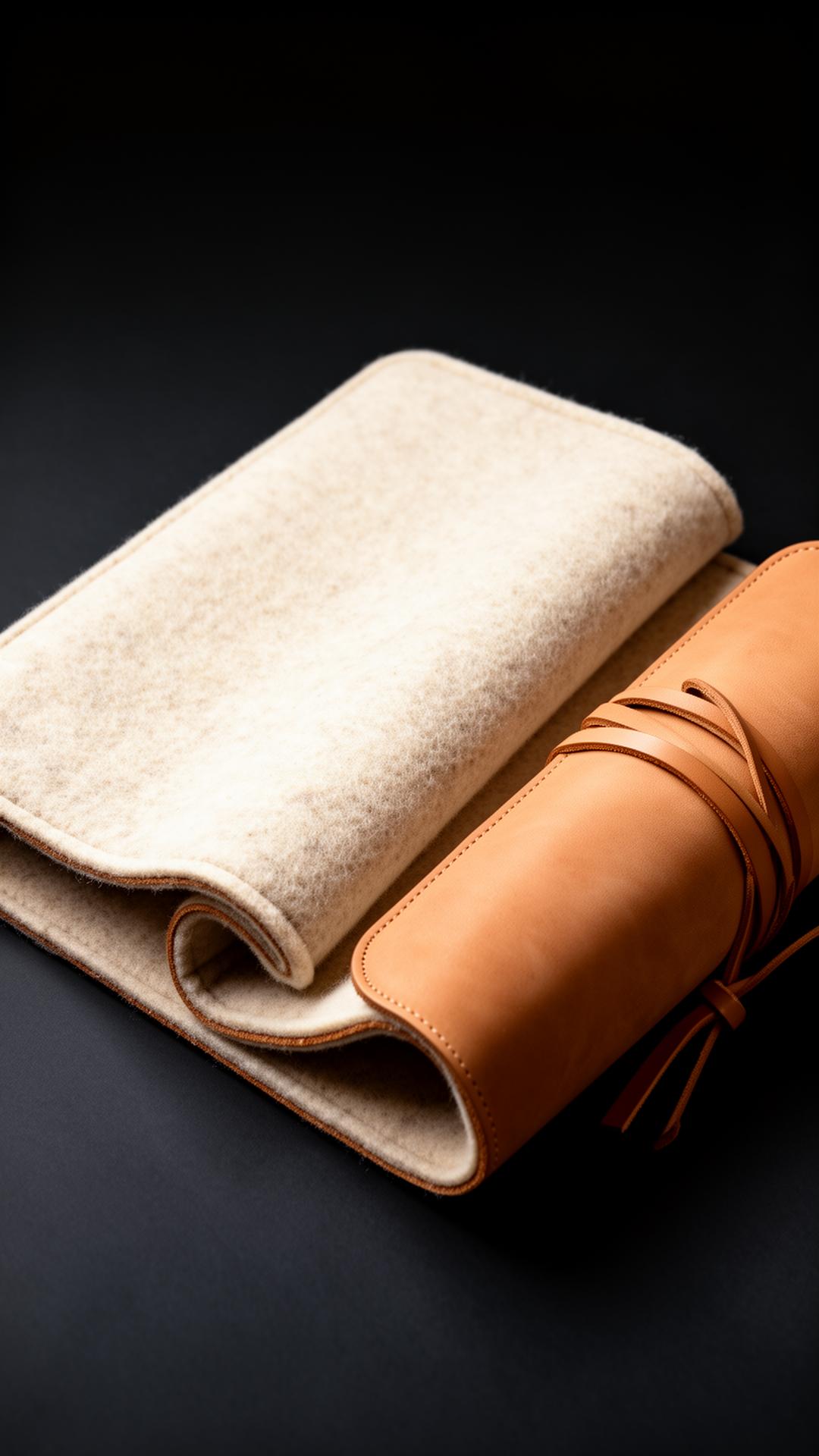 Wool-lined leather travel mat, partly rolled